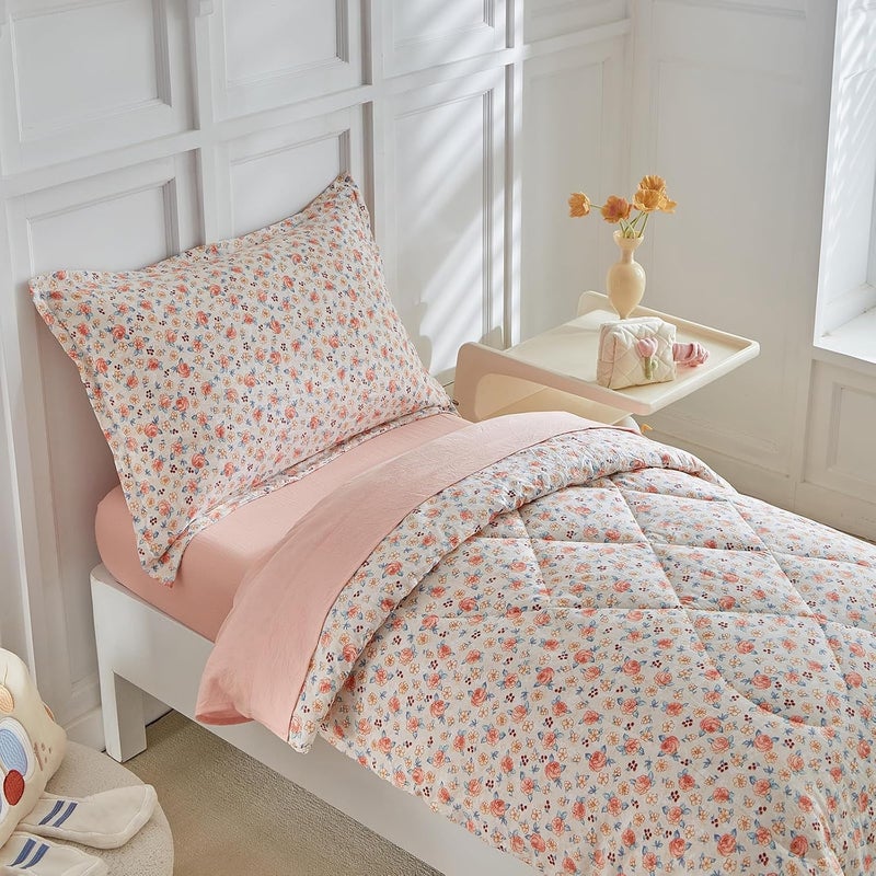 DuShow Toddler Bedding Set for Girls,4 Pieces Floral Toddler Girl Comforter Set,Super Soft Reversible Toddler Sheet Set,Lightweight Crib Bed Set -Pink - Image 2